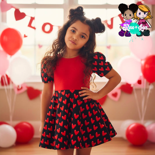 Hearts on Black Puffy Sleeves Twirl Dress