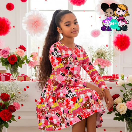 Mickey Love Love Checkered Pink Valentine Twirl Dress